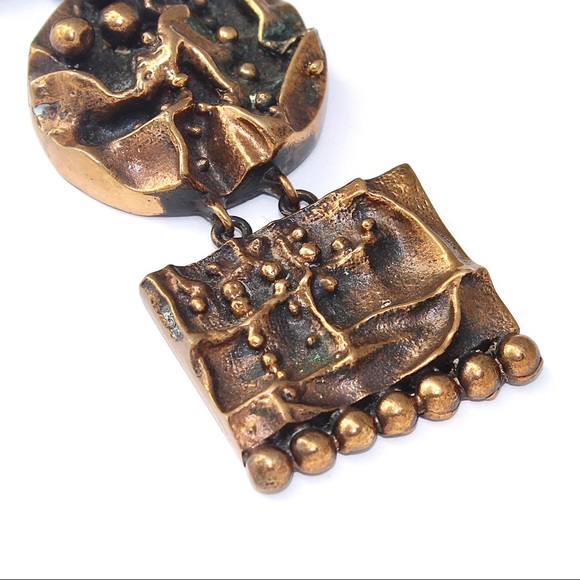 Vintage Brutalist Bronze Pendant Necklace Long Triple Panel Abstract Modernist - Picture 8 of 11